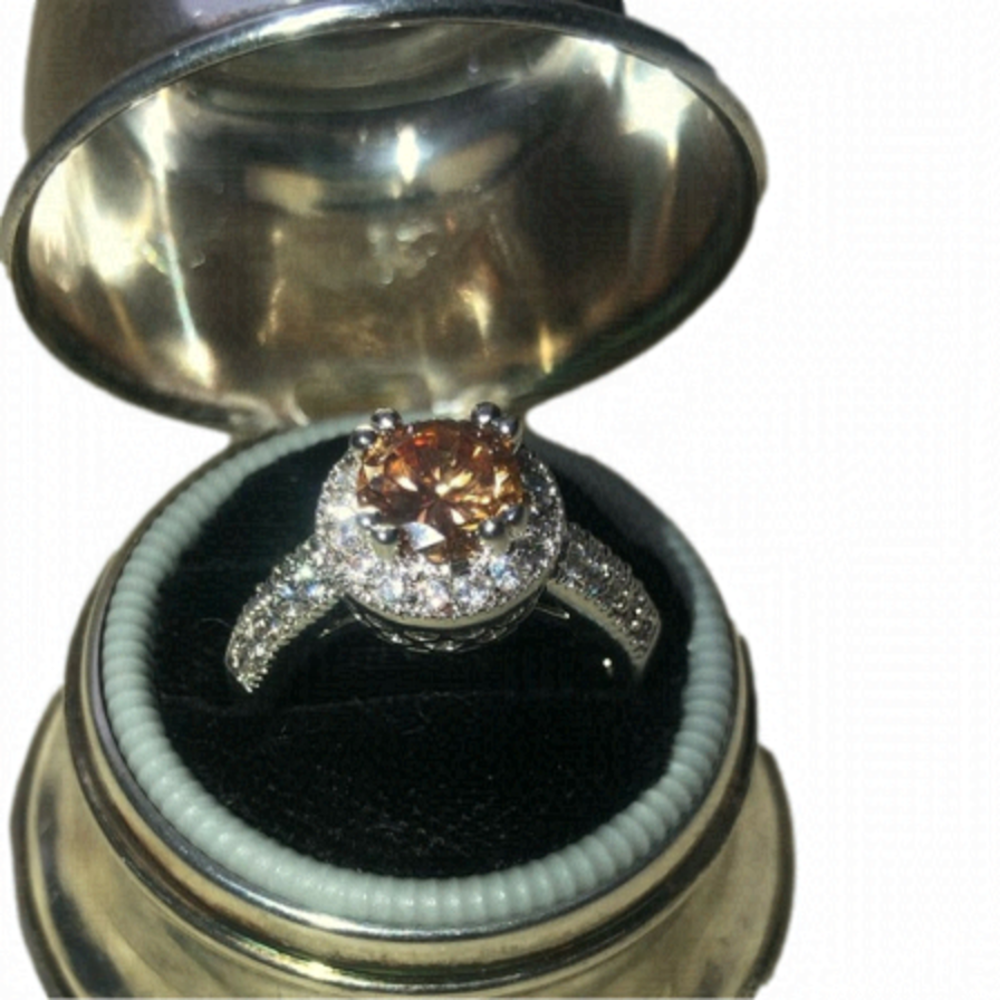 SILVER Tone Simulated Morganite Halo Ring w Filigree Setting Sturdy Costume s7